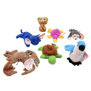 TY Beanie Babies Lot 7 Turtle Crab Parrot Platypus Elephant Tiger Dog Tags Vtg